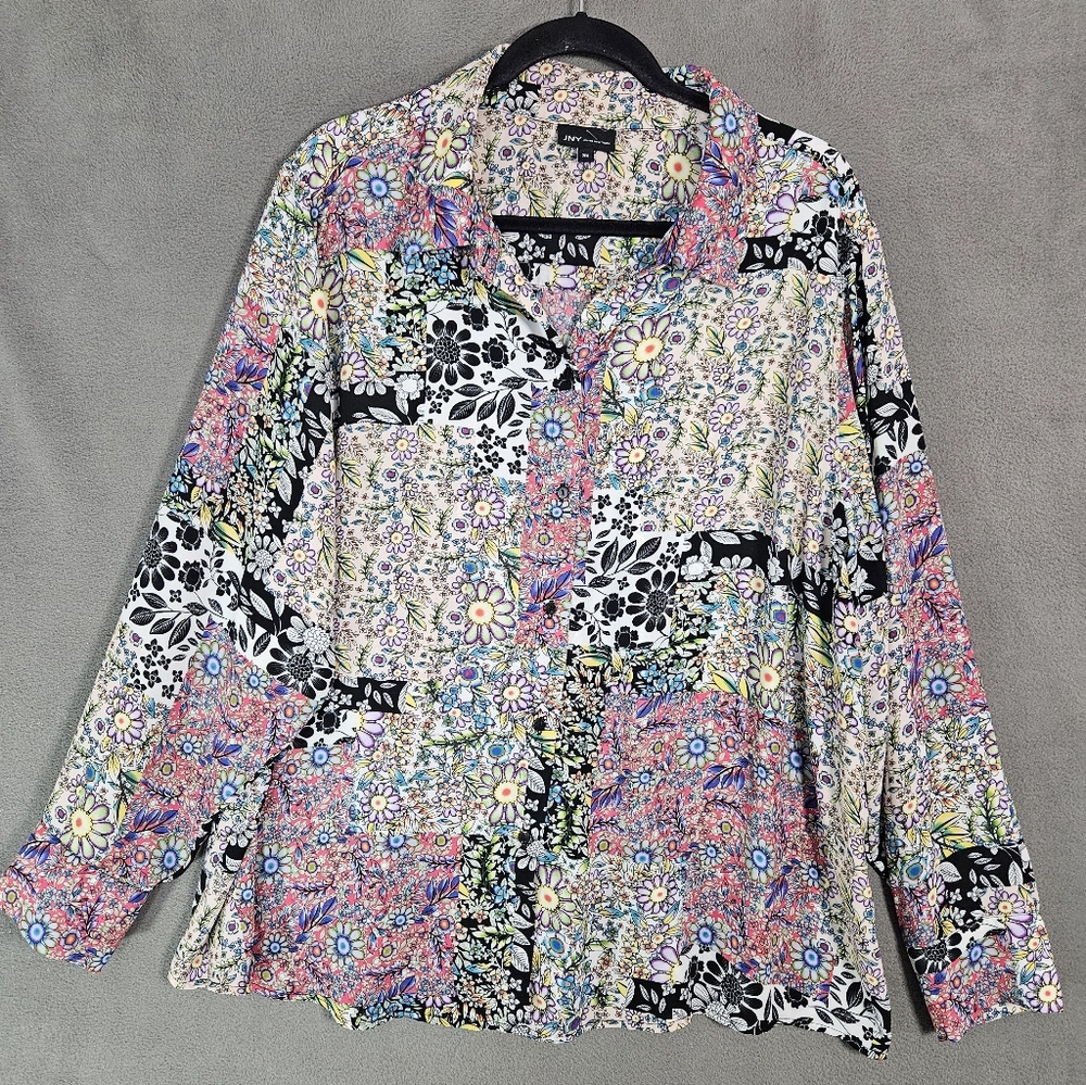 JNY Jones New York Womens Plus 3X Button Up Shirt Floral Patchwork Long Sleeve